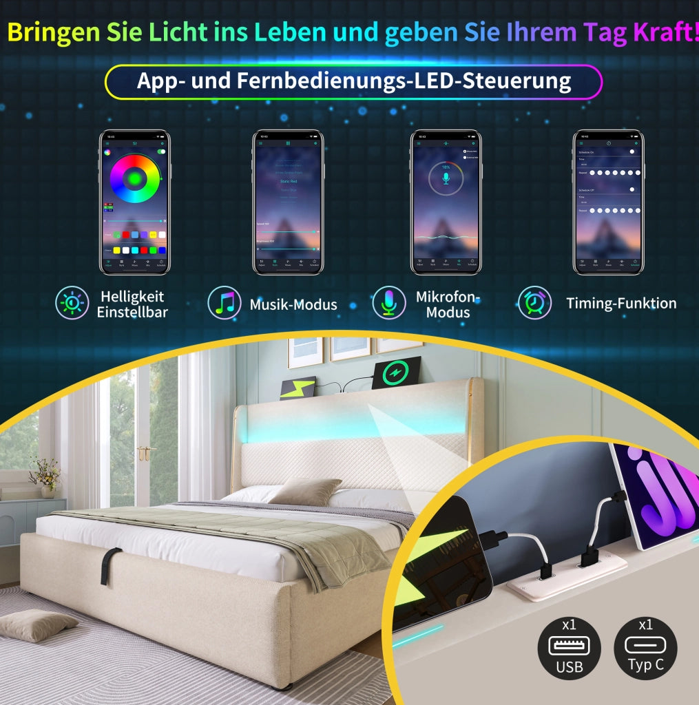 Letto matrimoniale 180x200 cm con LED, USB-C e contenitore beige