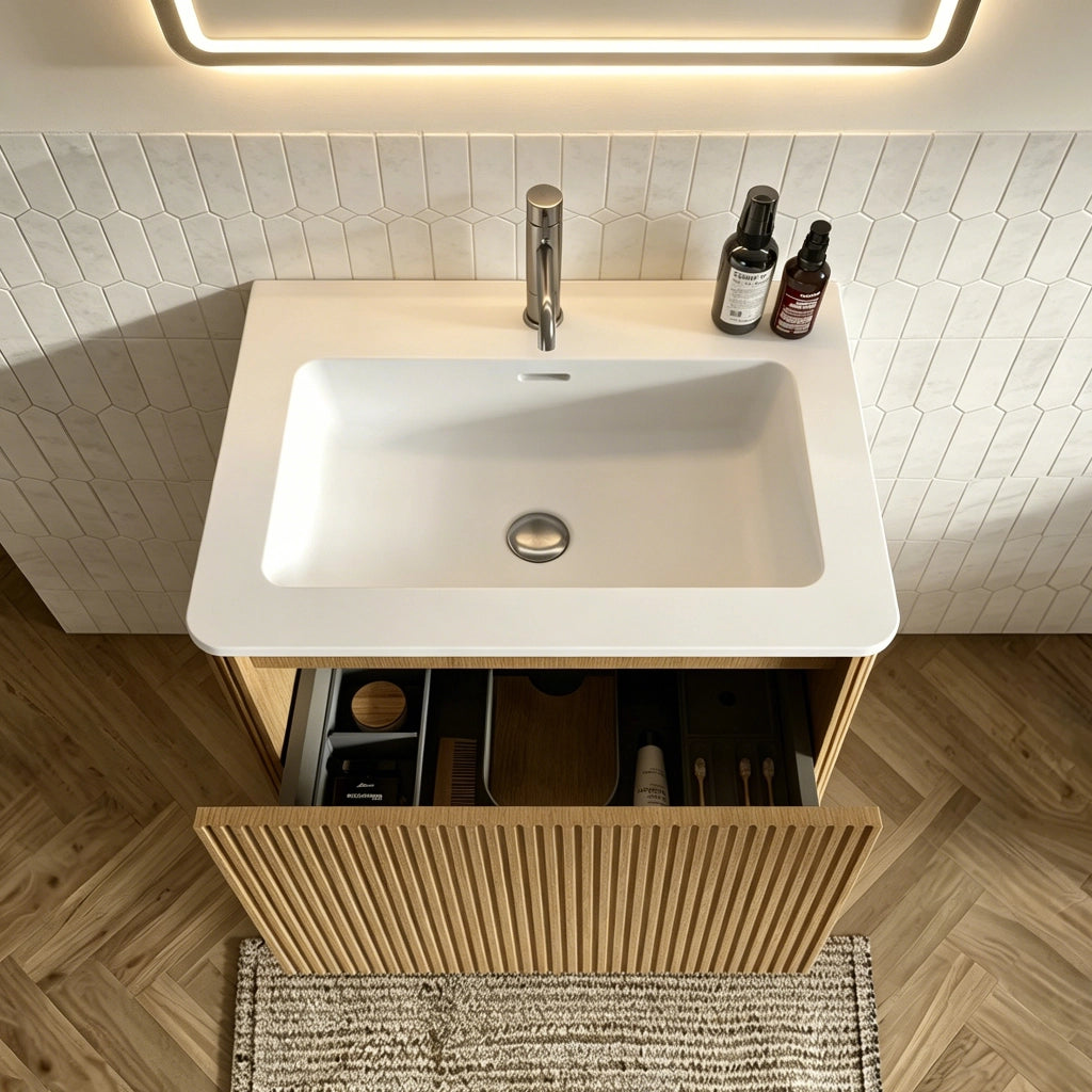 Set mobile bagno sospeso con lavabo integrato e specchio LED ovale