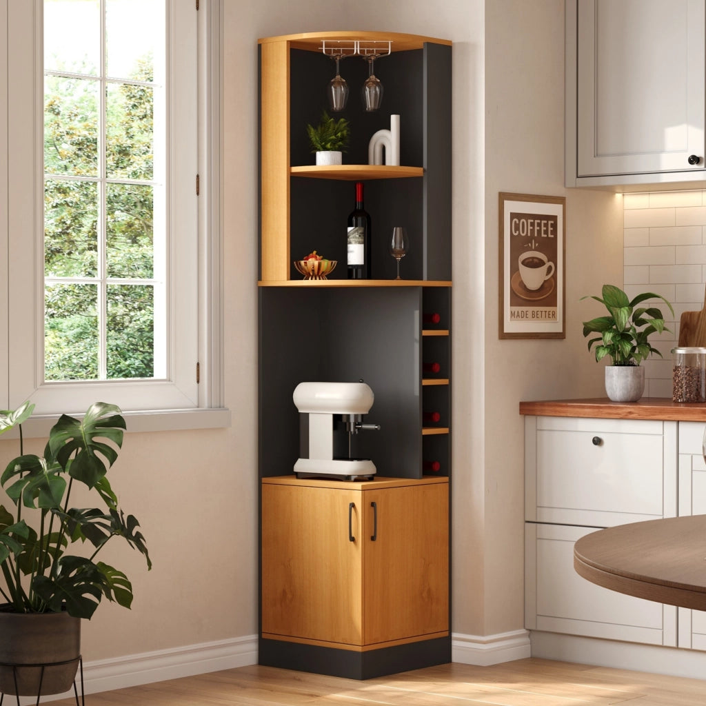 Mobile bar angolare 40x40x182 cm con portabicchieri e 4 scomparti vino in MDF nero