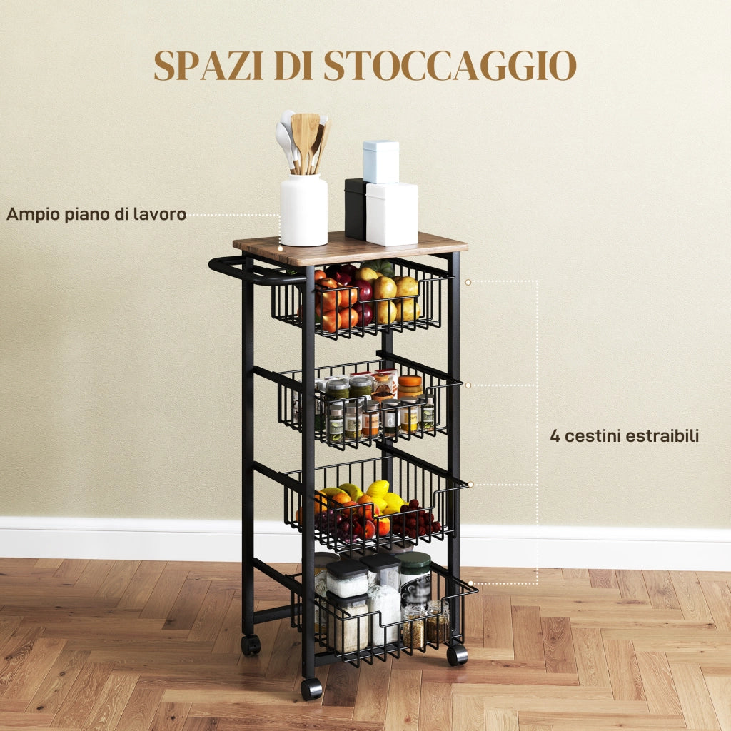 Carrello da Cucina Salvaspazio in Acciaio e Legno con 4 Cestini Estraibili e Ruote con Freno 49.5x31x91 cm Rovere