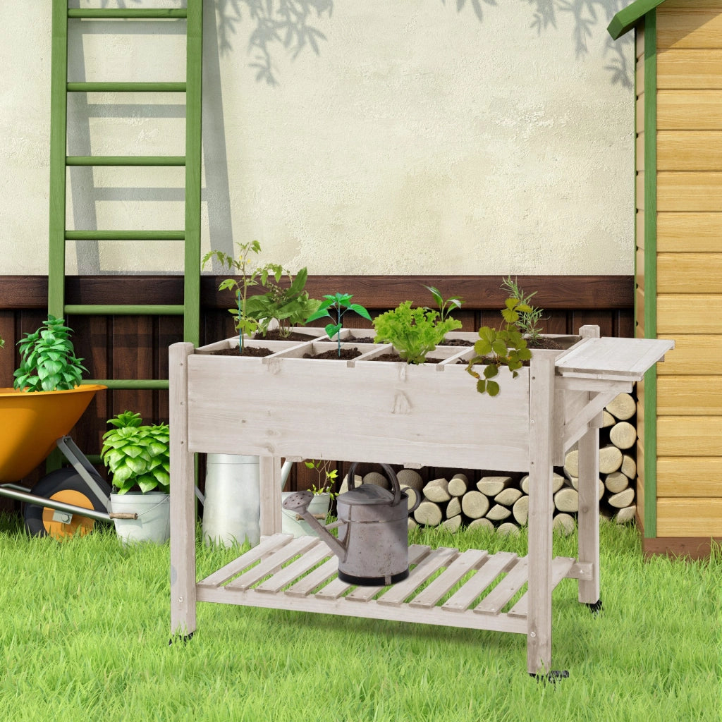 Fioriera Rialzata da Esterno a 8 Sezioni in Legno di Abete con Ripiano Laterale e Mensola Inferiore per Giardino 123x54x87 cm