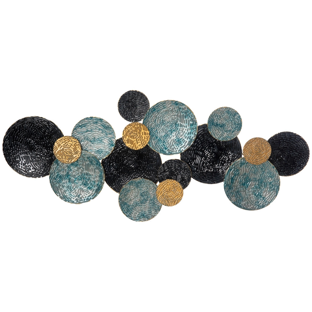 Desviae Decorazione murale 3d in ferro con cerchi ondulati dipinti a mano blu oro e nero 121 × 53 cm per soggiorno