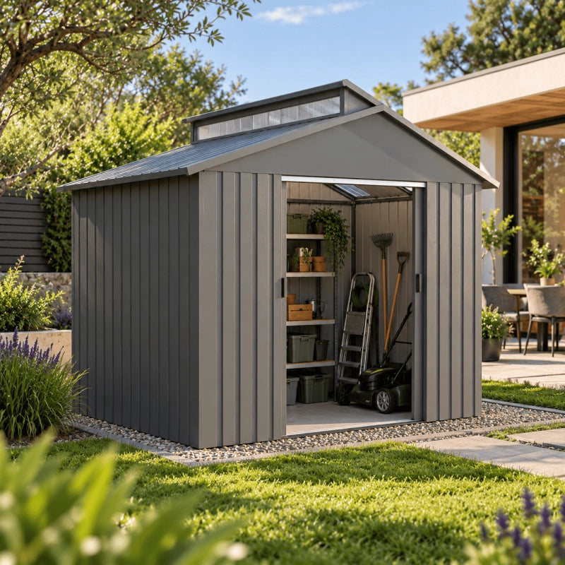 Casetta da giardino in metallo con lucernario - LEGNO VECCHIO - 5,4 m²