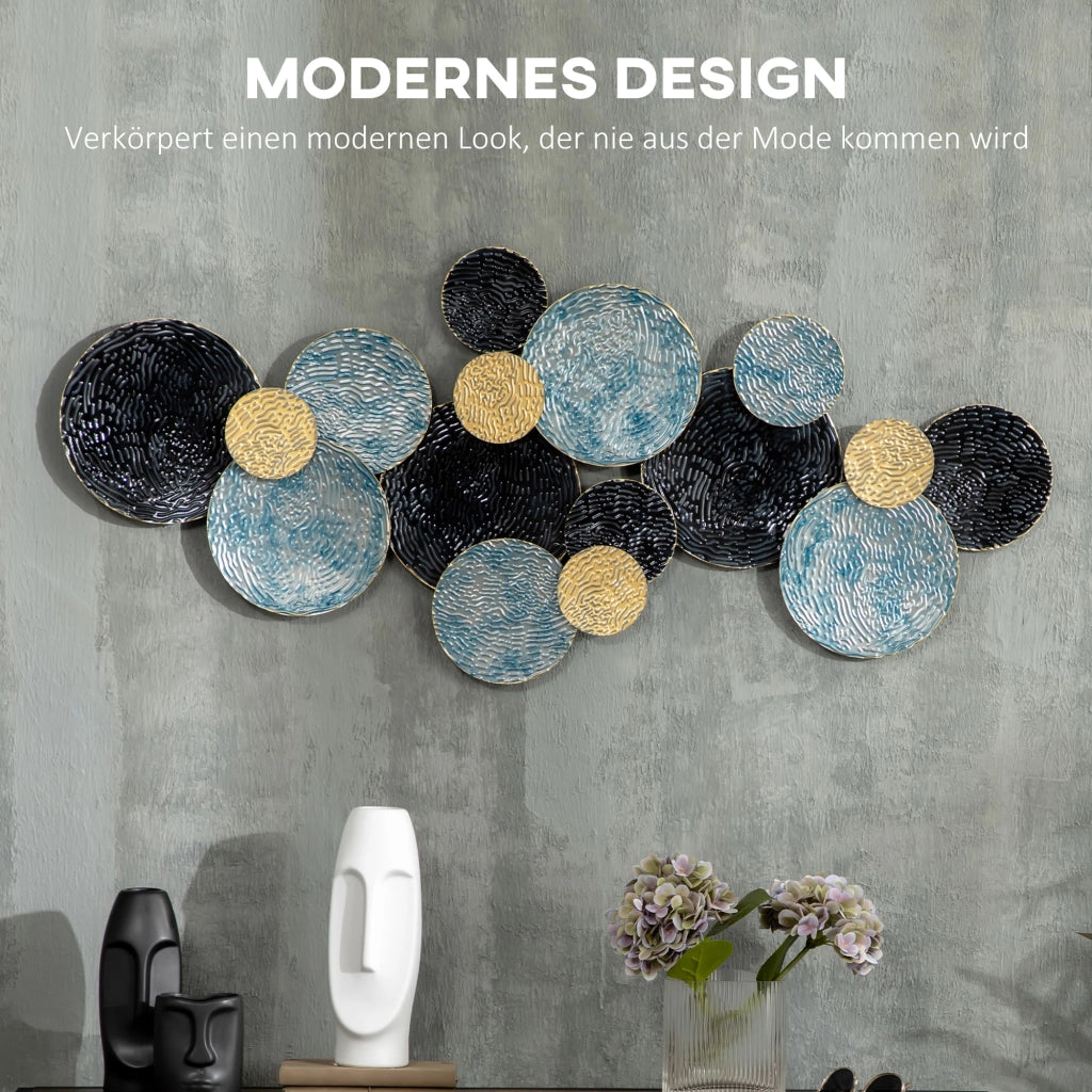 Desviae Decorazione murale 3d in ferro con cerchi ondulati dipinti a mano blu oro e nero 121 × 53 cm per soggiorno