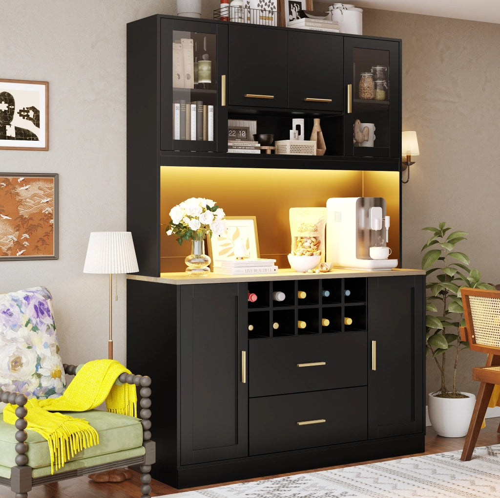 CREDENZA 120x36,3x180 cm nera in MDF e metallo con LED e prese