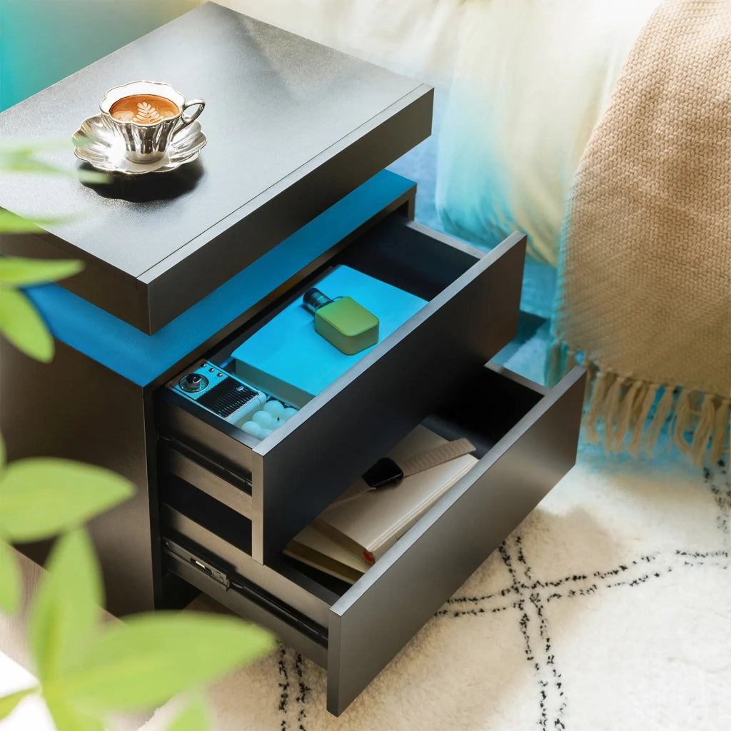 Comodino Moderno Nero con 2 Cassetti e Luci LED Integrati per Camera da Letto