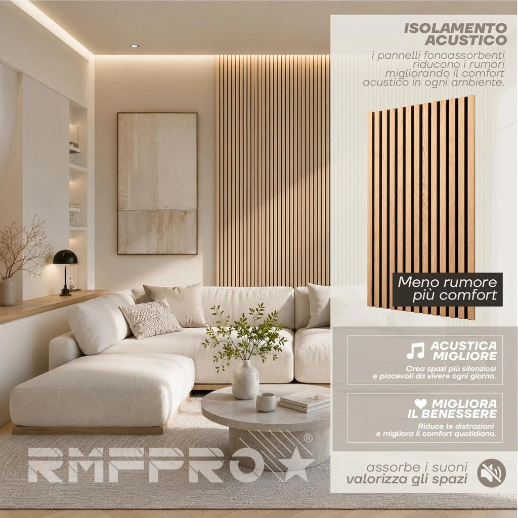 RMF PRO Set 4  Pannelli Decorativi Parete Legno Fonoassorbenti Rovere Chiaro 120x60 cm (2,88 m²) – Rivestimento Acustico a Listelli MDF per Soggiorno, Studio e Ufficio