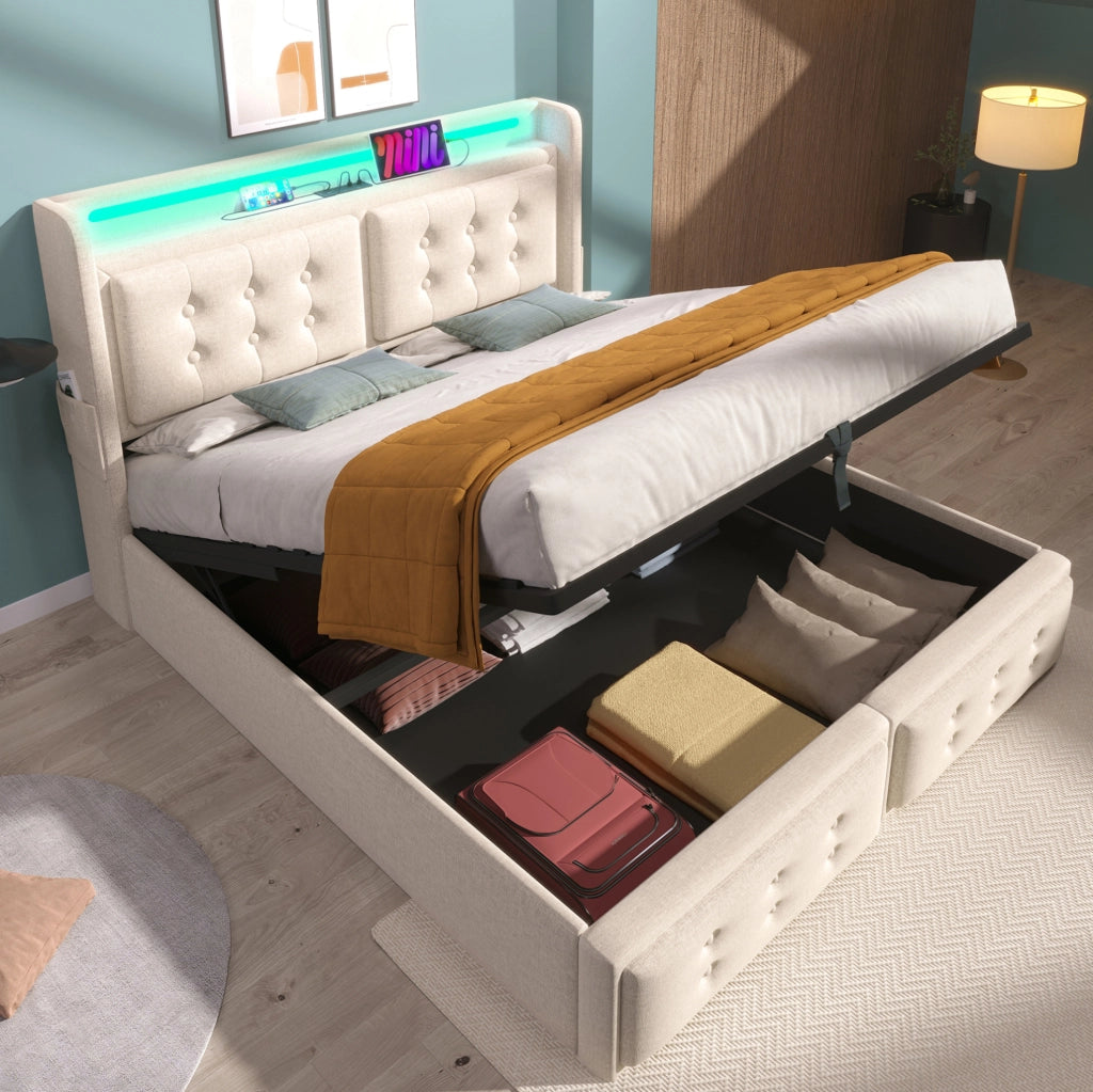 Letto imbottito 140x200 cm beige con materasso, LED e USB-C