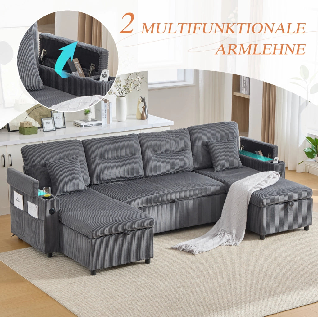 Divano 4 posti in tessuto a coste con doppia chaise longue
