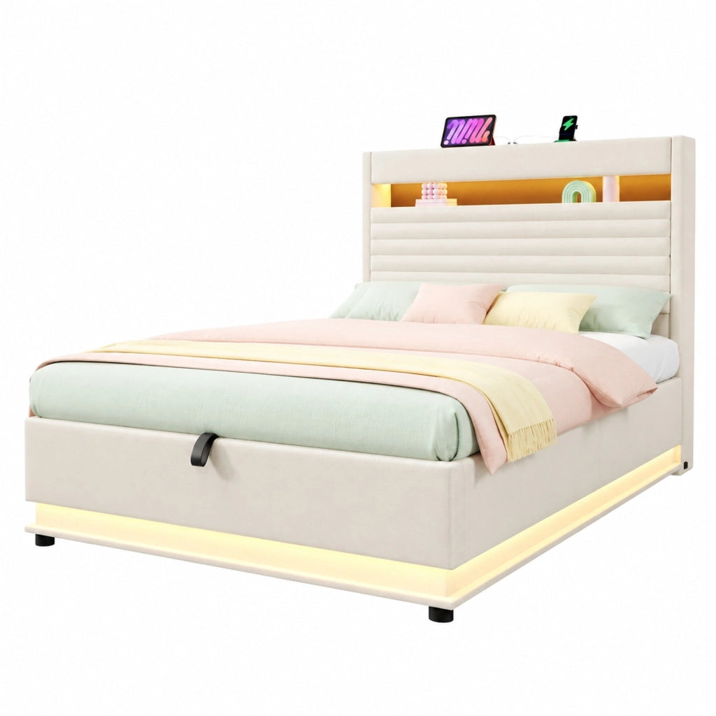 Letto imbottito con contenitore 90x200 cm; LED; USB e Type-C; lino beige