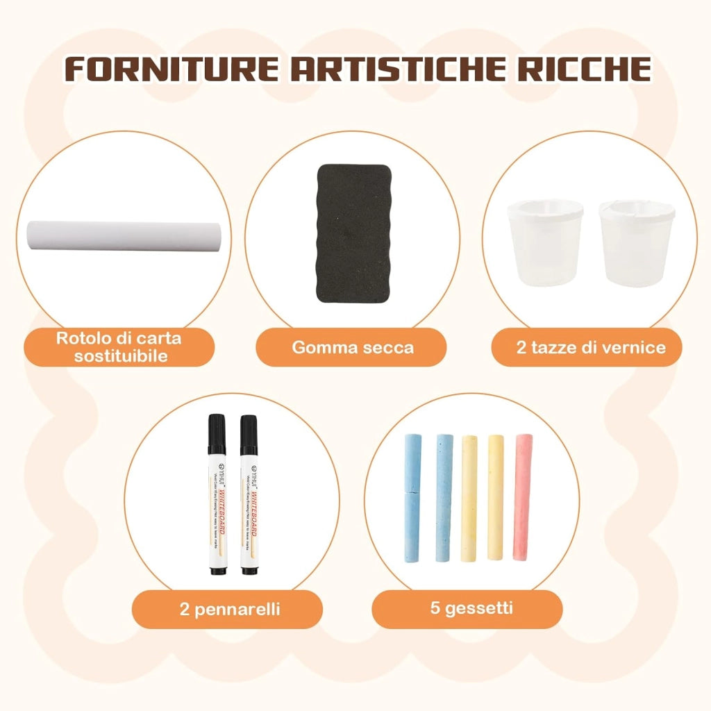 Set 3 in 1 Tavolo e Sedie per Bambini 3+ Anni, Tavolo in Legno Sicuro con Lavagna Cancellabile, Magnetica, Cavalletto Regolabile, Libreria e Accessori Artistici, per Disegno (Caffè)