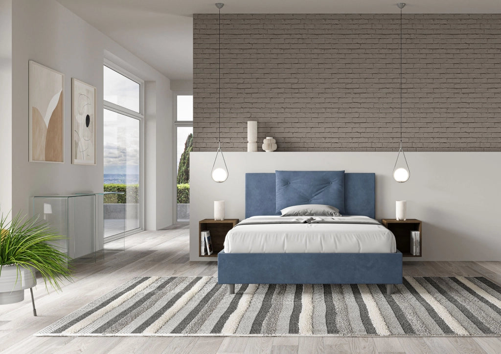 BS COM Letto una piazza e mezza senza rete imbottito 130x210 microfibra blu
