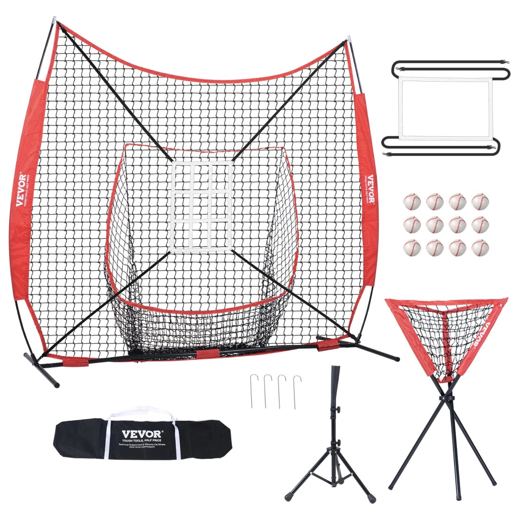 Rete da allenamento per baseball e softball 7x7 piedi con telaio portatile in acciaio e fibra di vetro, 12 palline incluse per giardino