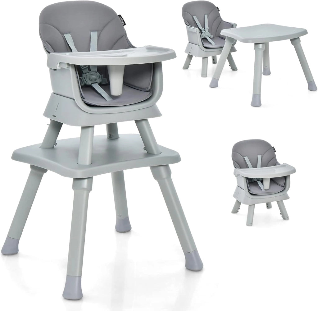 Seggiolone Pappa per Bambini 6 in 1, Seggiolone per Neonati Convertibile, Tavolo per Costruzioni per Bambini, con Imbracatura a 5 Punti, per Bambini da 6 Mesi fino 3 Anni (Grigio)