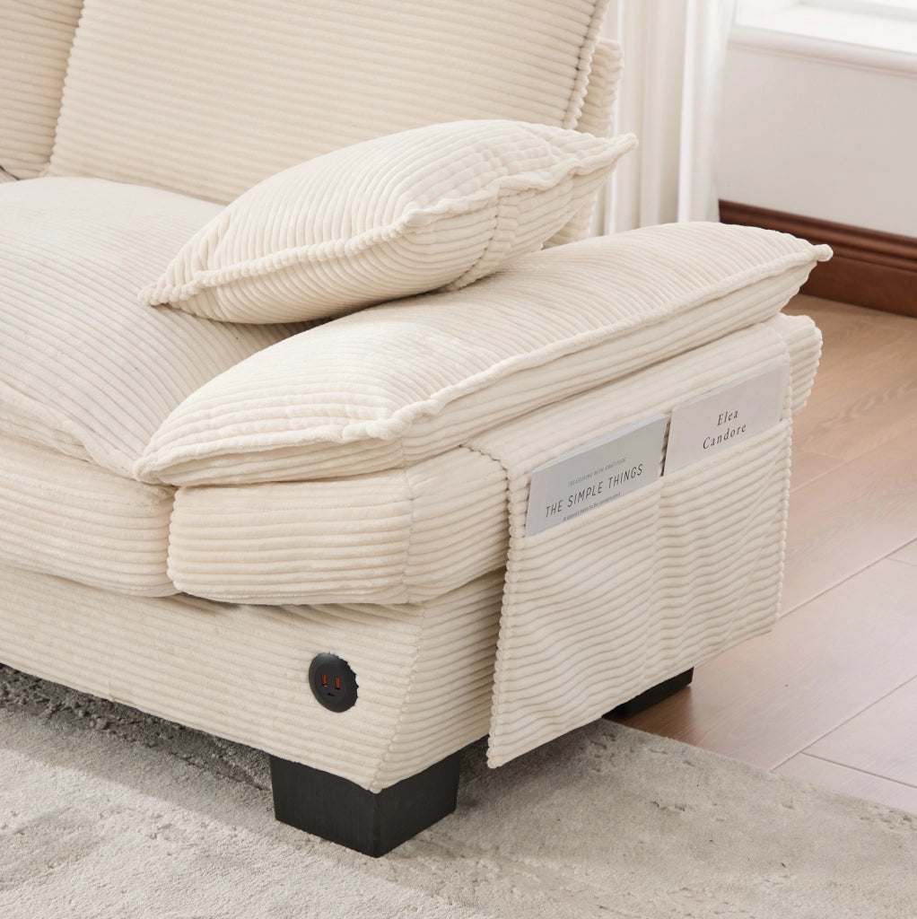 Divano 2 posti con pouf contenitore e USB-C; velluto a coste beige; 190x132x84 cm