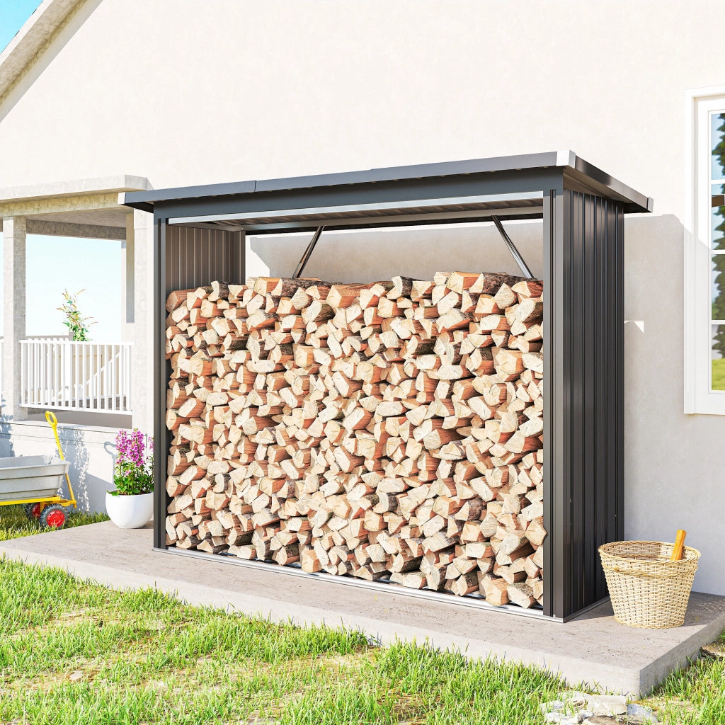 Capanno Portalegna Legnaia da Esterno 213x66.5x150 cm Base Rialzata e Tetto Inclinato in Acciaio Grigio Scuro