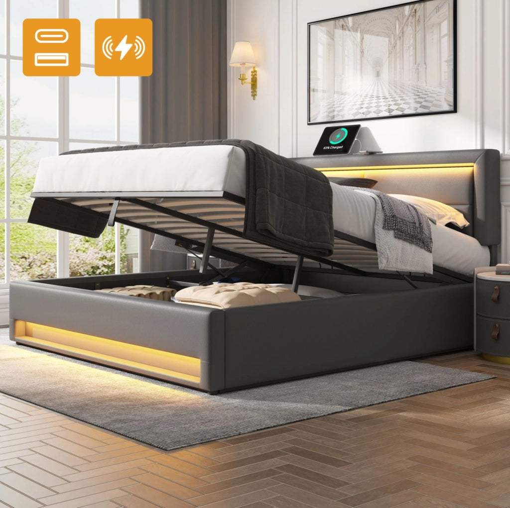 Letto imbottito grigio 140 x 190 cm con USB, LED e contenitore