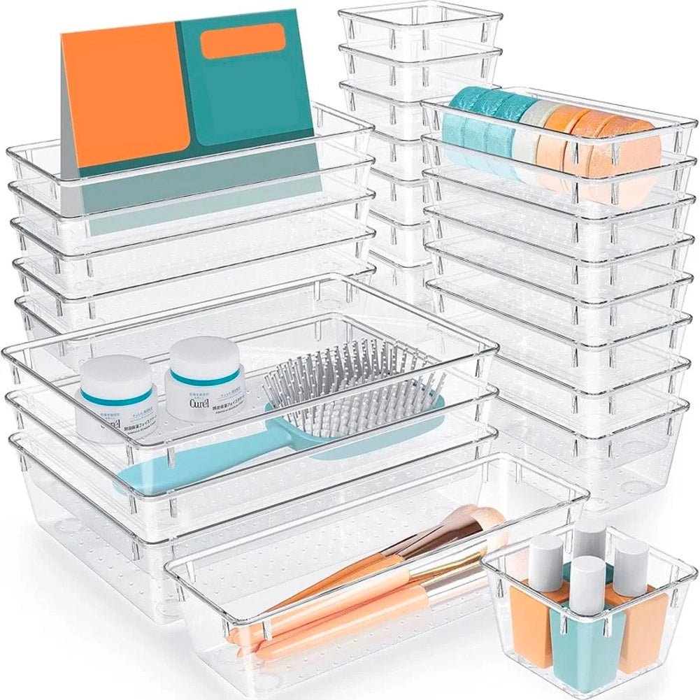 Set 25 Contenitori Organizer per Cassetti in Plastica Trasparente Divisorio Salvaspazio