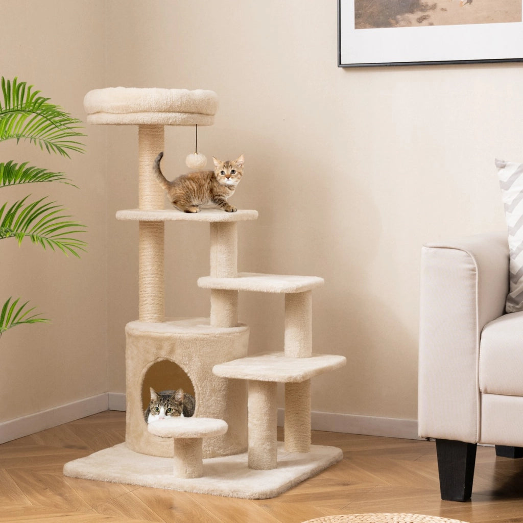 Albero per gatti per saltare con posatoio pallina con campanellino pendente, Albero per gatti adulti da 102 cm Beige-Alberi Tiragraffi