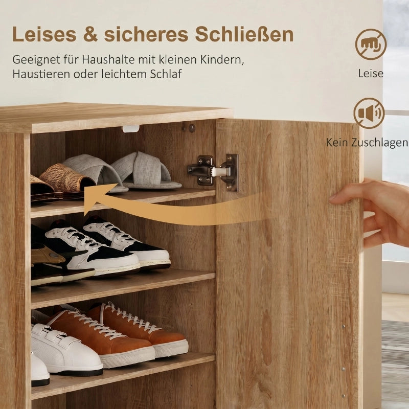Scarpiera con 2 ante per 14 paia scarpe ¨C Minimal ¨C Legno naturale, 6 ripiani regolabili con chiusura ammortizzata
