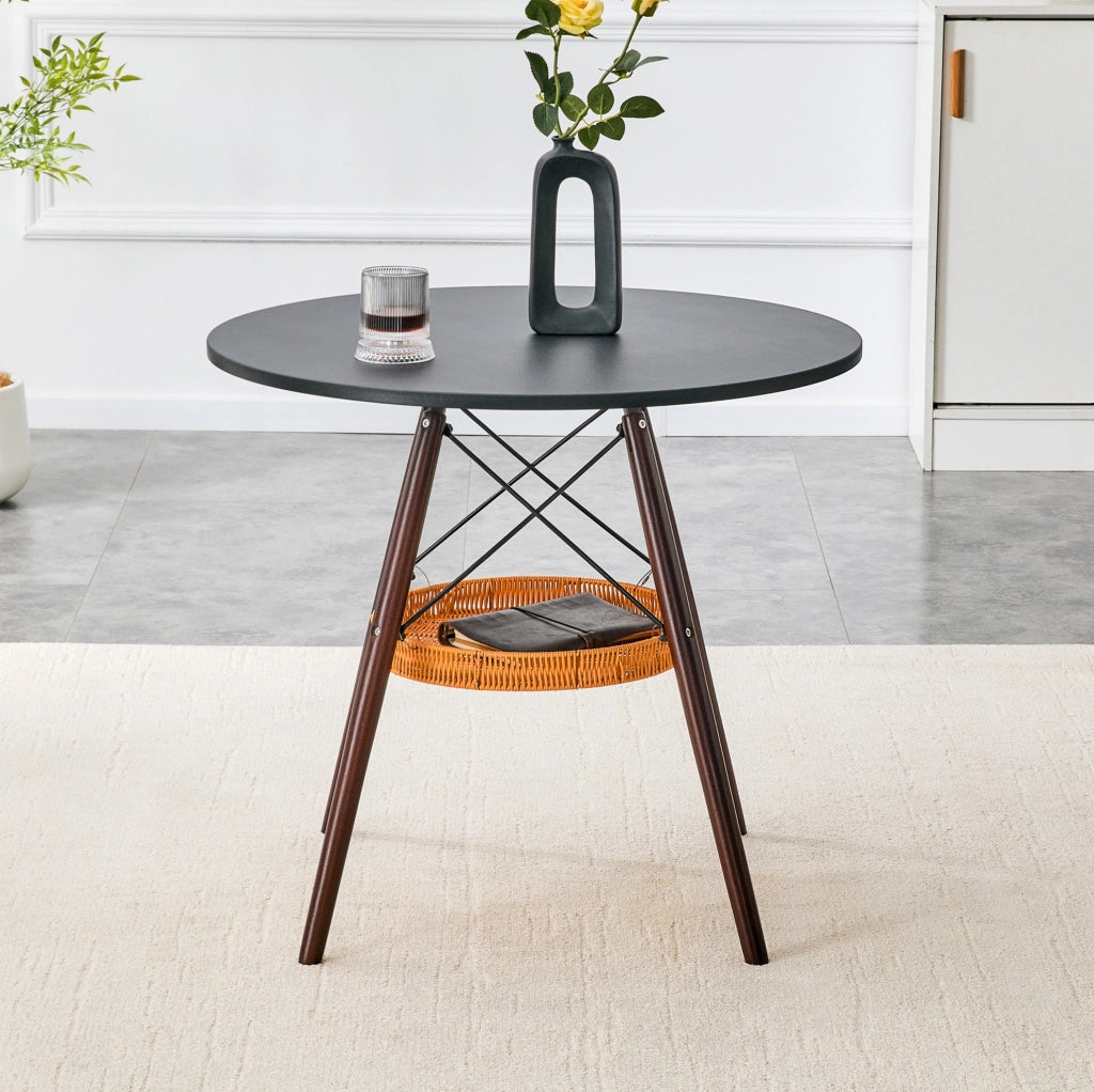 Tavolo da pranzo rotondo Ø80 cm nero e noce con cestino