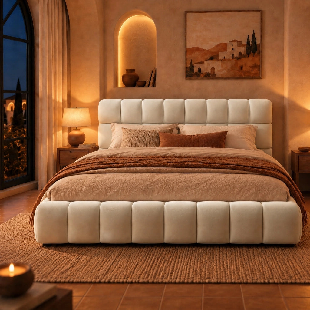 Letto Matrimoniale Bubble 140 x 200 cm,  Letto Imbottito con Rete a Doghe e Testiera, Stile Bubble Velvet, Letto a Basso Profilo, Senza Materasso, Beige