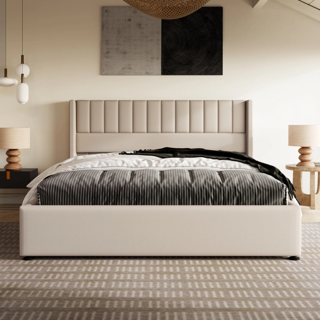 Letto matrimoniale contenitore 160x200 cm con testiera imbottita rete a doghe sollevabile e rivestimento a righe verticali in lino beige