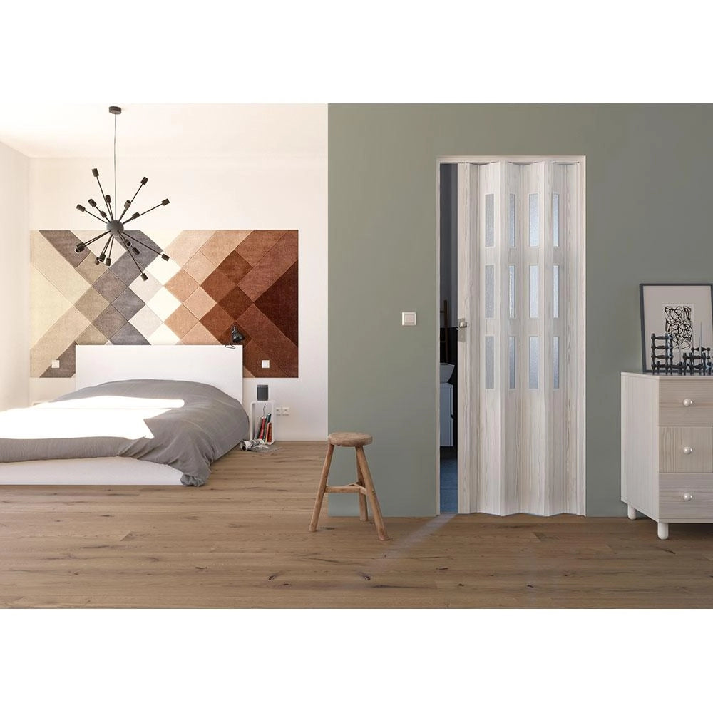 Porta a Soffietto da Interno 88,5x214 cm in PVC con Vetro Florance Pino Sbiancato