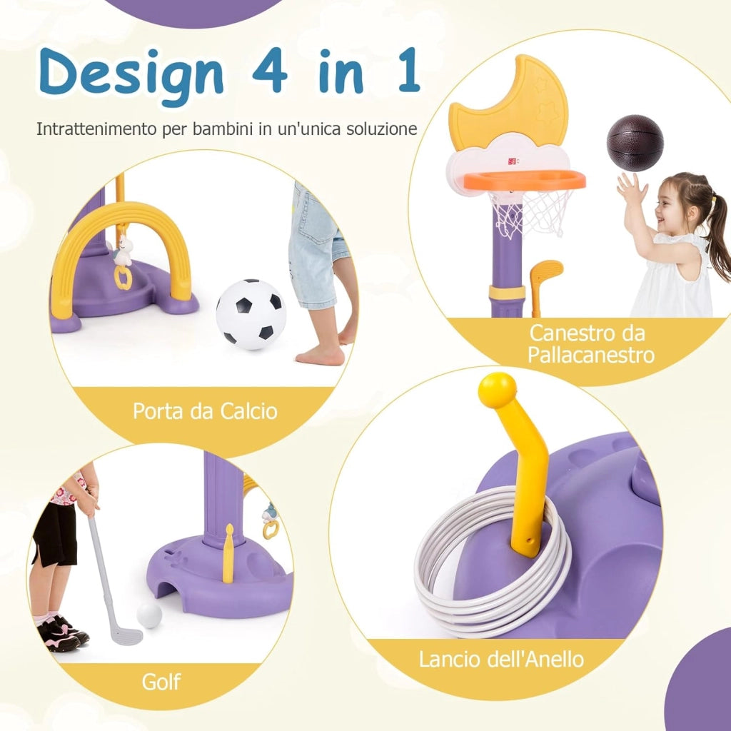 4 in 1 Canestro da Basket per Bambini, Centro di Attività Sportiva Regolabile con Basket Calcio Golf e Gioco del Lancio dell'Anello, per Interno ed Esterno, 3 Anni+ (Giallo)