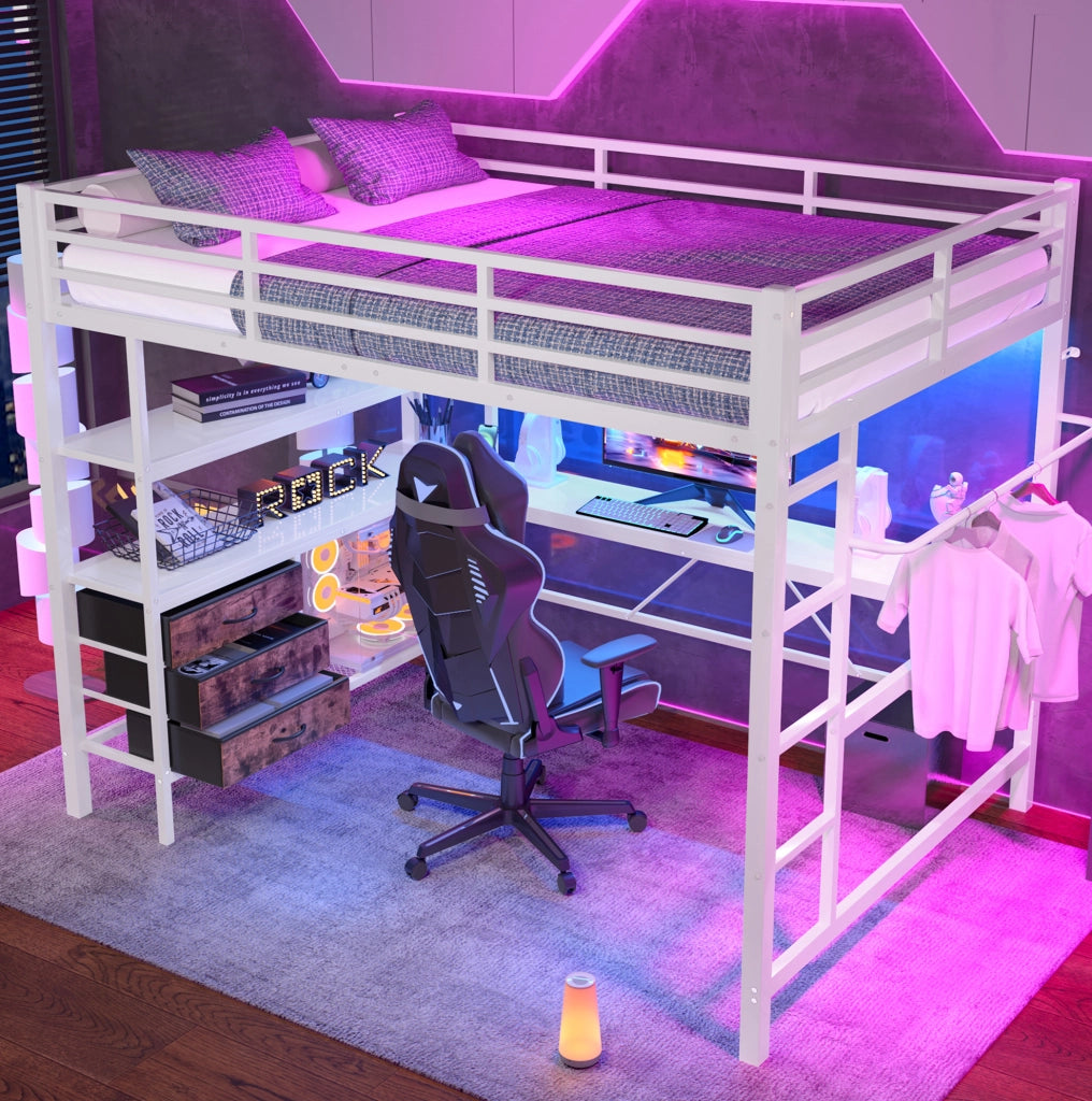 Letto a soppalco 140x200 cm in metallo e MDF bianco con scrivania; LED; prese USB e 3 cassetti