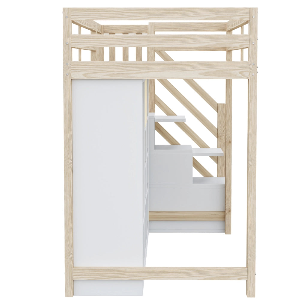 Letto a soppalco 90×200 cm con armadio, ripiani, scala contenitore e LED