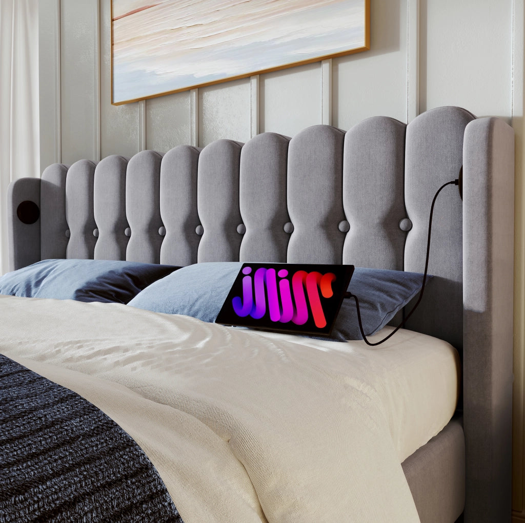 Letto imbottito grigio 180x200 cm con ricarica USB e Type-C
