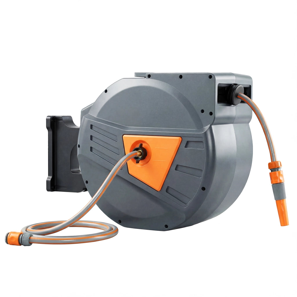 Enrouleur Tuyau Arrosage Mural 40+2 m x Ø 15mm, Dévidoir de Tuyaux d'Eau Rétractable Automatique Pivotant à 180°, Orange