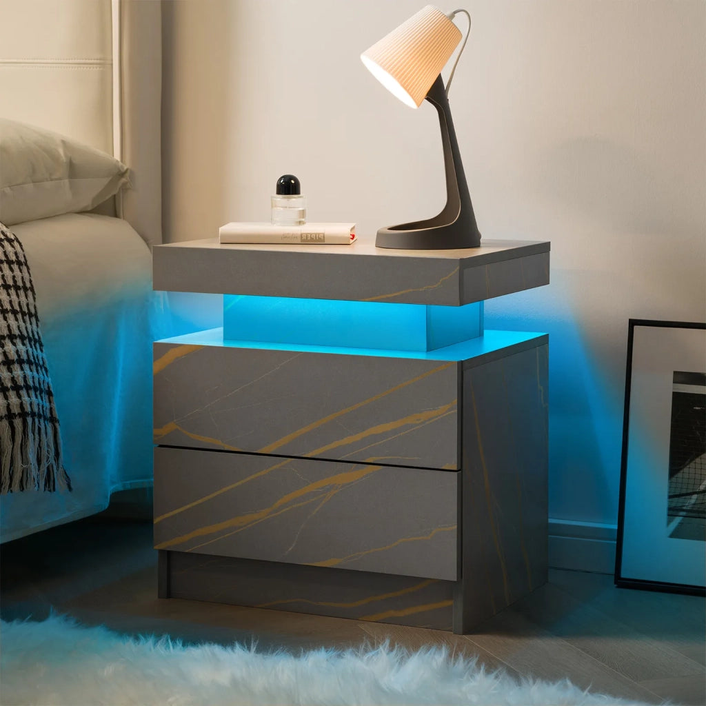 Comodino moderno con 2 cassetti, luci LED integrate, grigio e oro