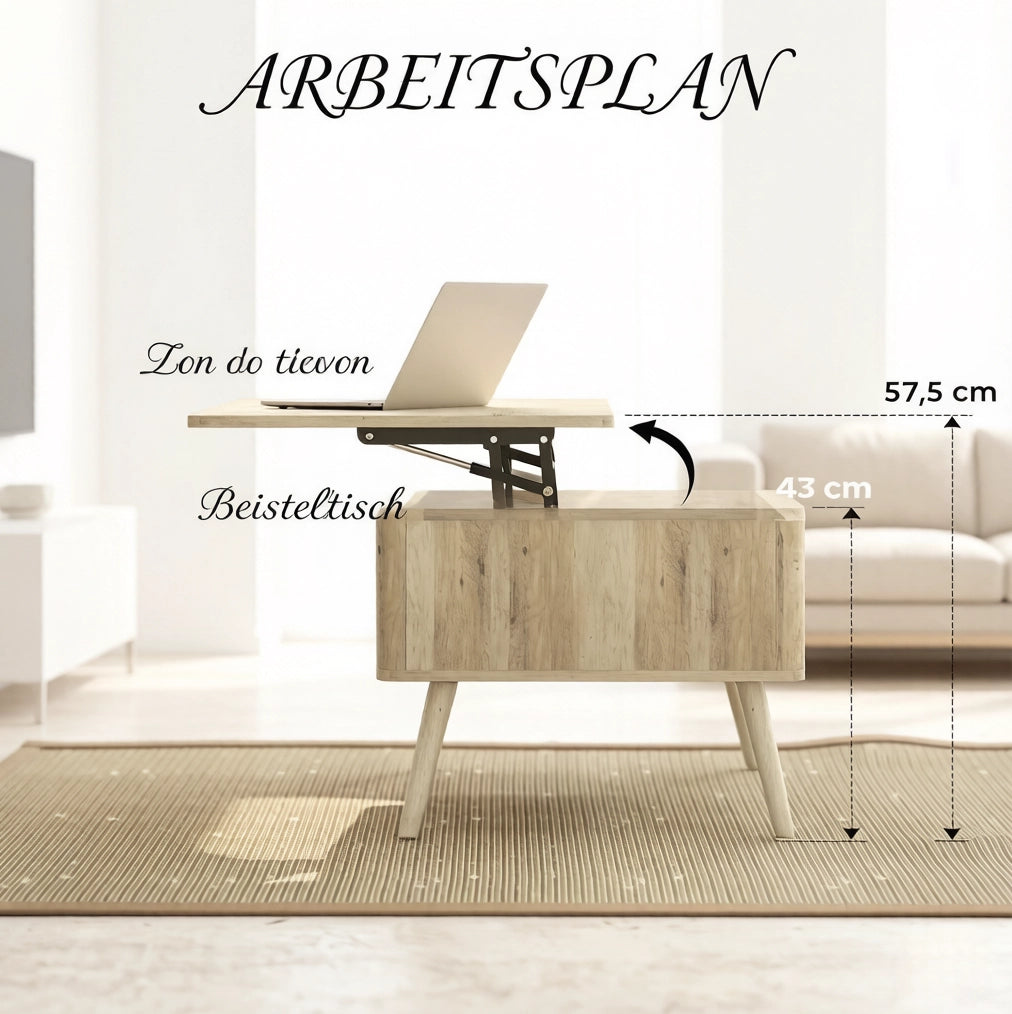 Tavolino da soggiorno moderno in MDF e legno di pino con piano regolabile in altezza, finitura rovere, 91x56 cm