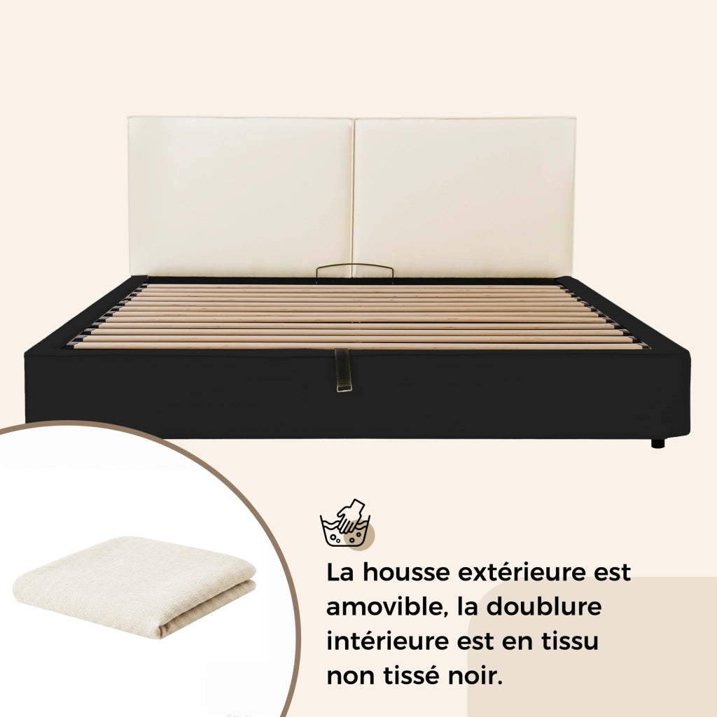 Letto matrimoniale contenitore 180 x 200 cm in lino beige, imbottito idraulico con rete a doghe, contenitore di contenitore spazioso