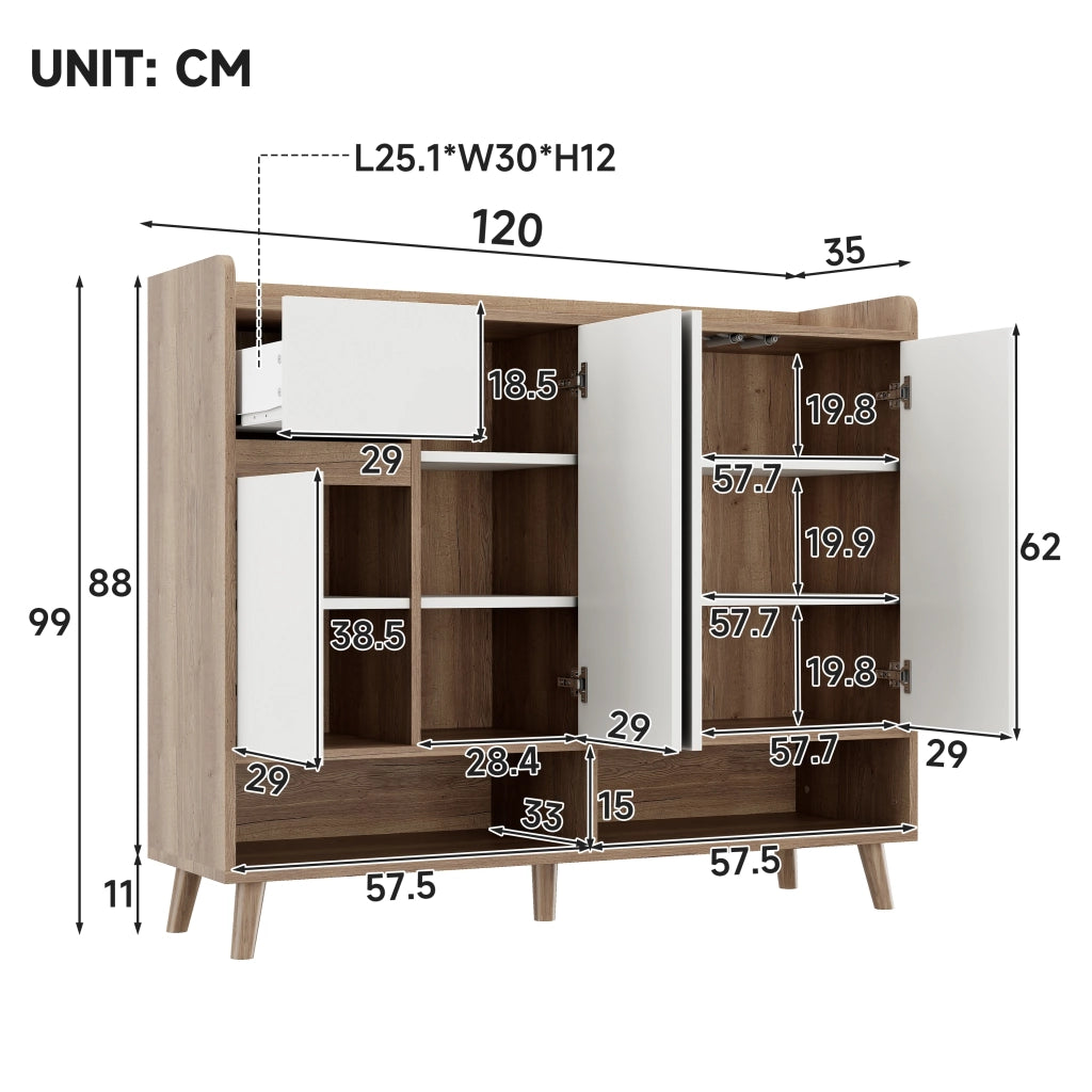 Credenza con 4 ante e cassetto ripiano regolabile in pannello truciolare bianco naturale 120 × 35 × 99 cm