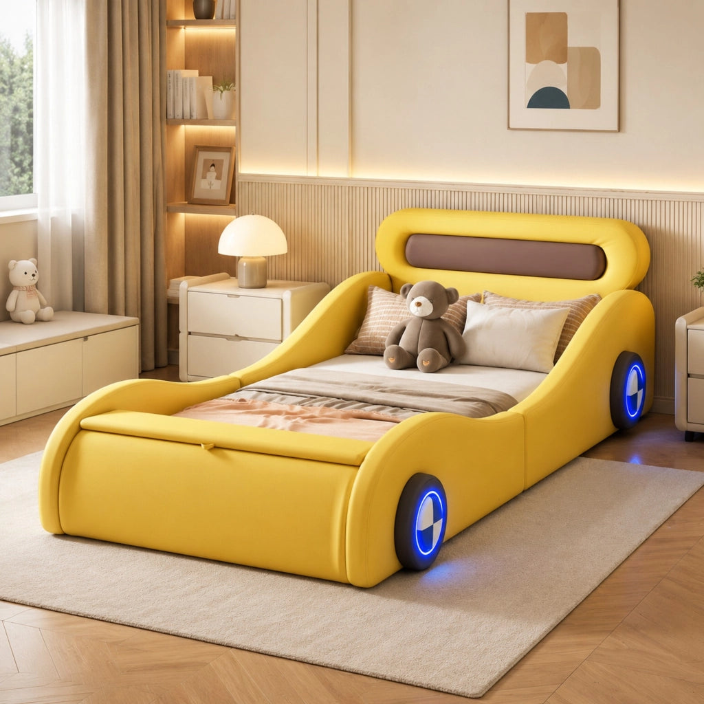 Letto imbottito a forma di auto 90×200 cm giallo con ruote luminose e vano portaoggetti