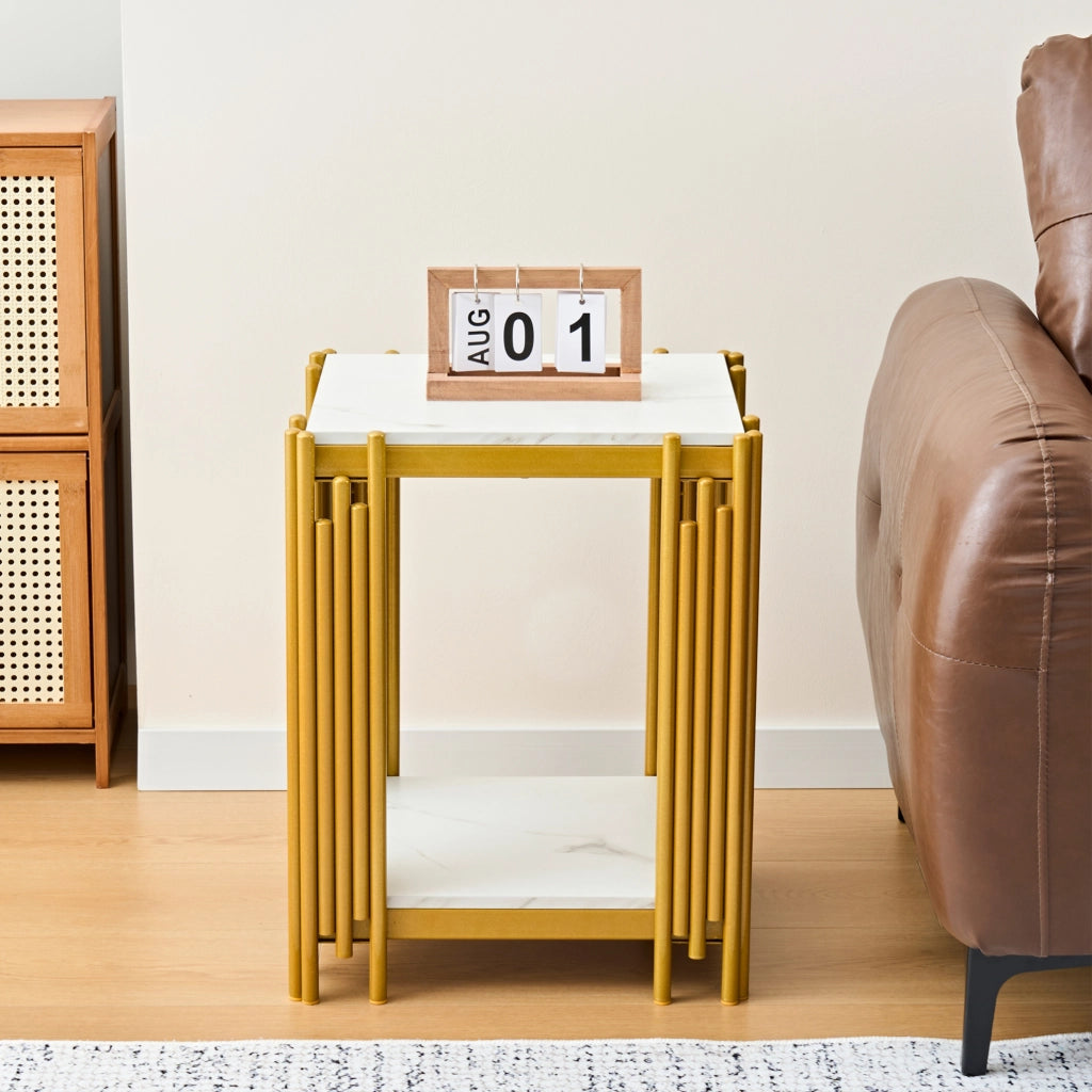 Tavolino con 2 ripiani in MDF effetto marmo bianco e oro