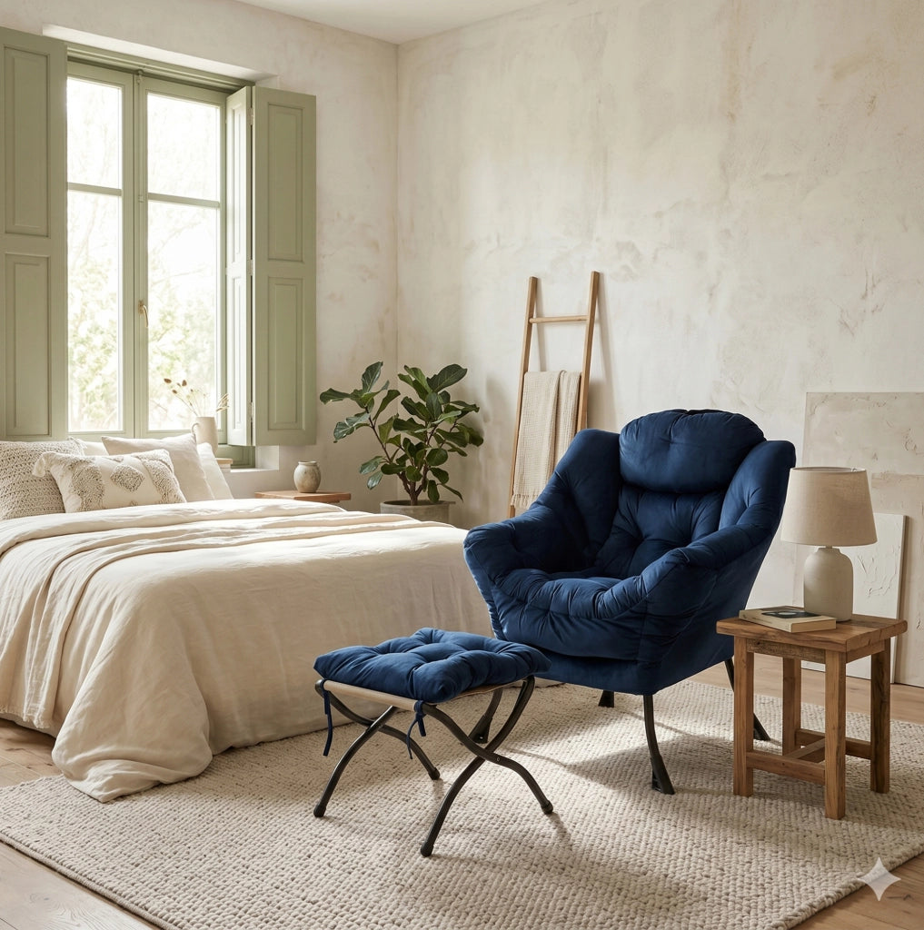 POLTRONA Relax con Pouf 70x77x20 cm Tessuto Blu Scuro