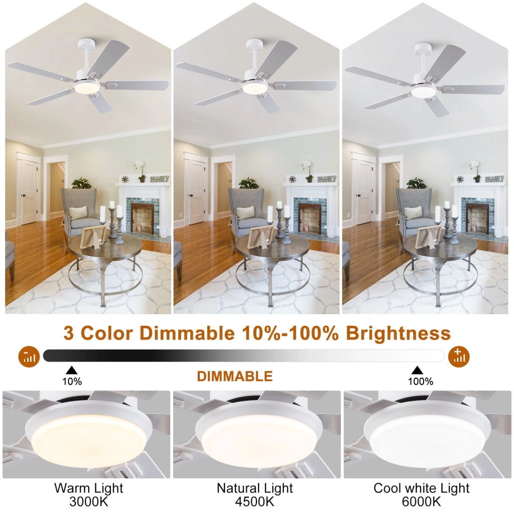 Ventilatore da soffitto con luce LED dimmerabile; telecomando e finitura bianca e rovere chiaro