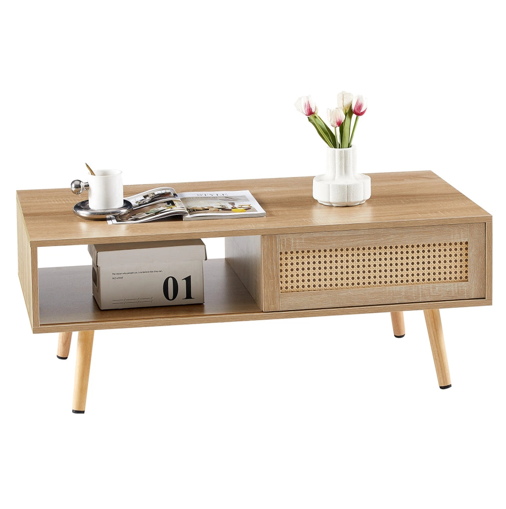 Tavolino 105x55x41,5 cm MDF finitura naturale anta scorrevole effetto rattan