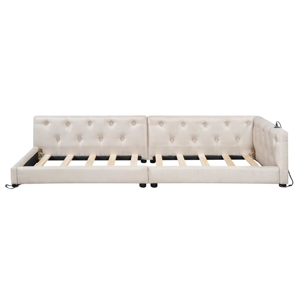 Letto divano con rete a doghe in lino beige 90x200 cm