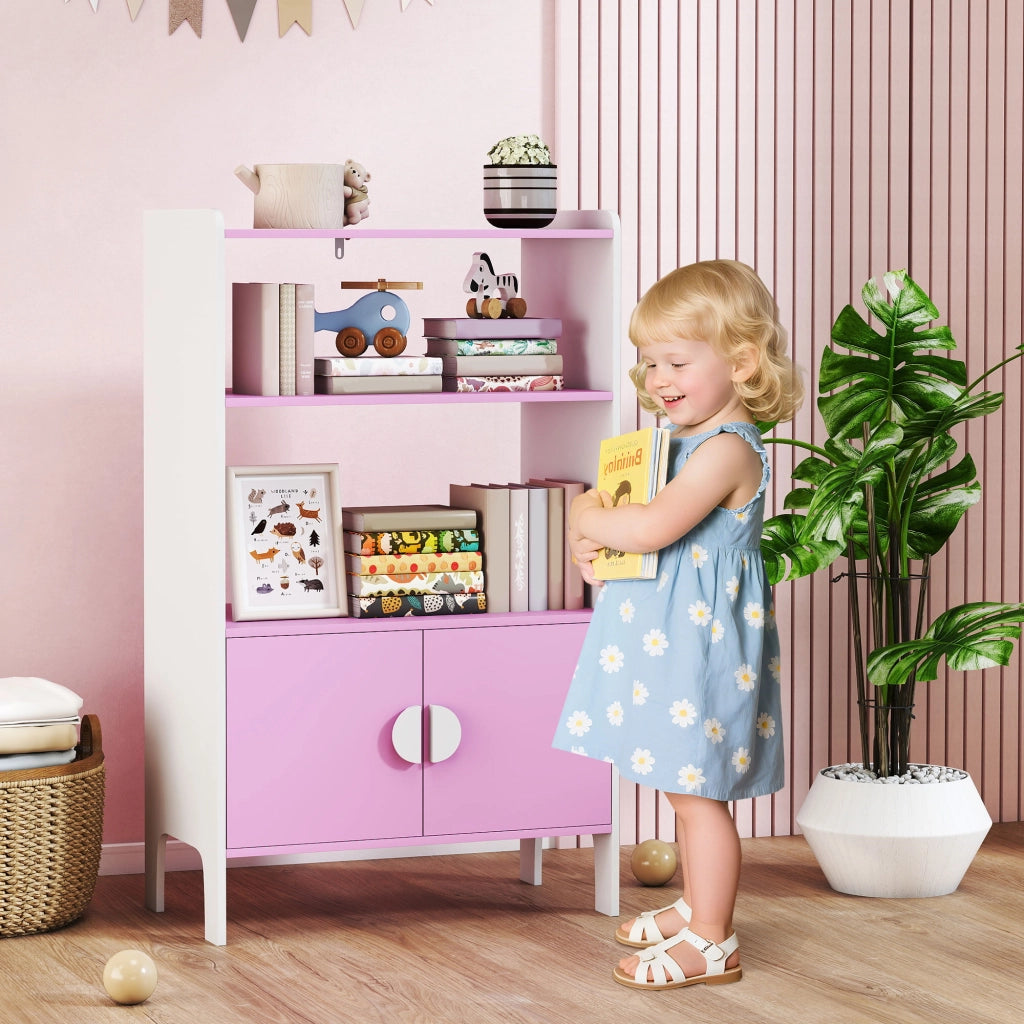 Libreria per bambini con 2 scaffali e 2 ante ¨C zephmum ¨C rosa e bianco