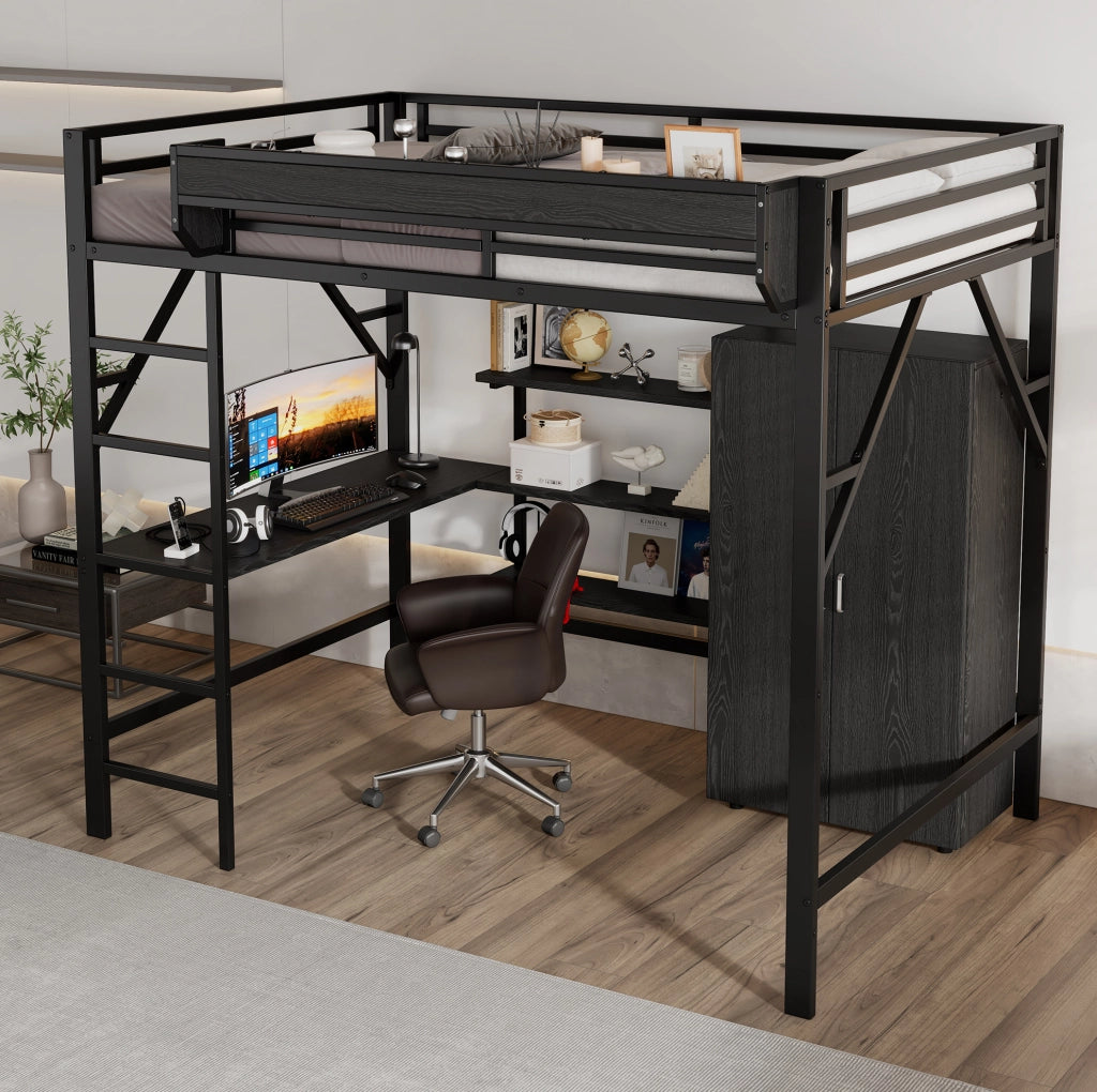 LETTO A CASTELLO 140x200 cm Nero in MDF e Metallo con scrivania e armadio