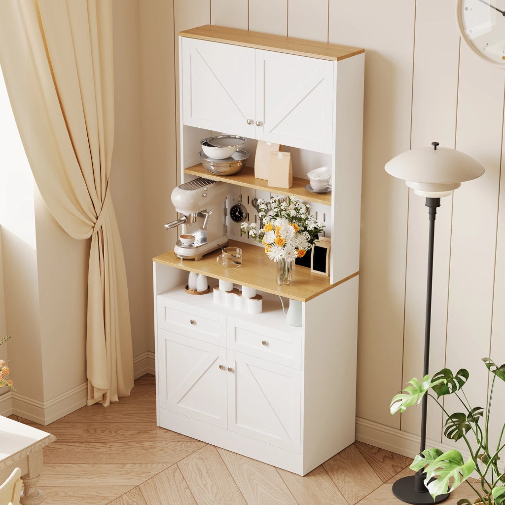 Sideboard bianco con 2 cassetti e 4 ante, design stile fienile, 80x40x175 cm