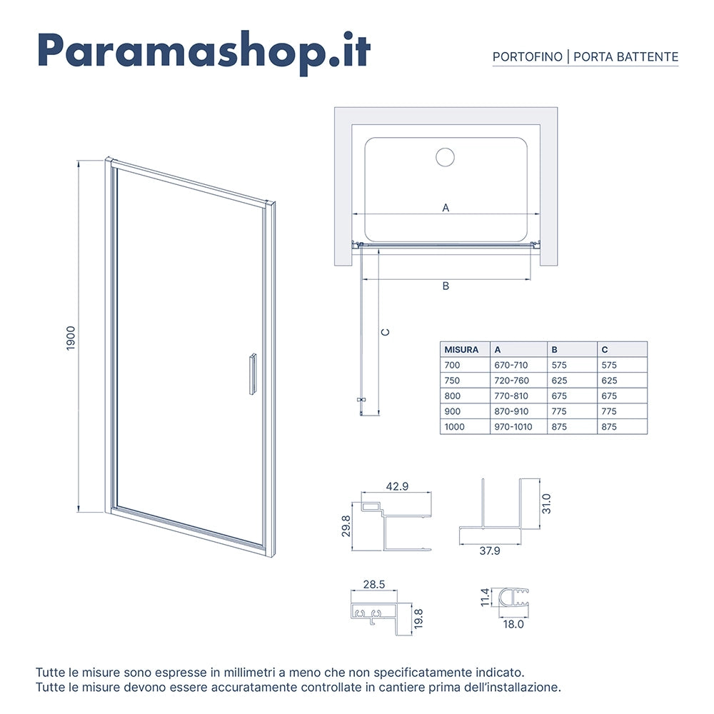 Porta doccia 80cm con apertura a battente profili slim cromati vetro 6mm anticalcare trasparente h190 | Portofino
