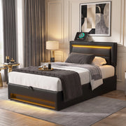 Letto imbottito 90 × 190 cm con contenitore; LED 12 colori; USB e ricarica wireless; PU nero