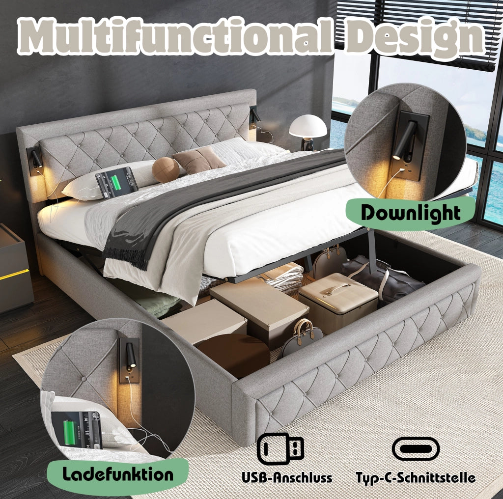 Letto imbottito contenitore idraulico con USB e downlight; lino grigio