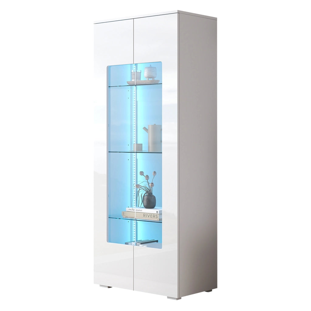 Vetrina alta 70x40x173 cm in MDF bianca, 2 ante e LED salvaspazio